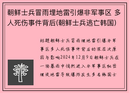 朝鲜士兵冒雨埋地雷引爆非军事区 多人死伤事件背后(朝鲜士兵逃亡韩国)