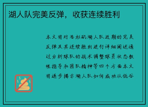 湖人队完美反弹，收获连续胜利